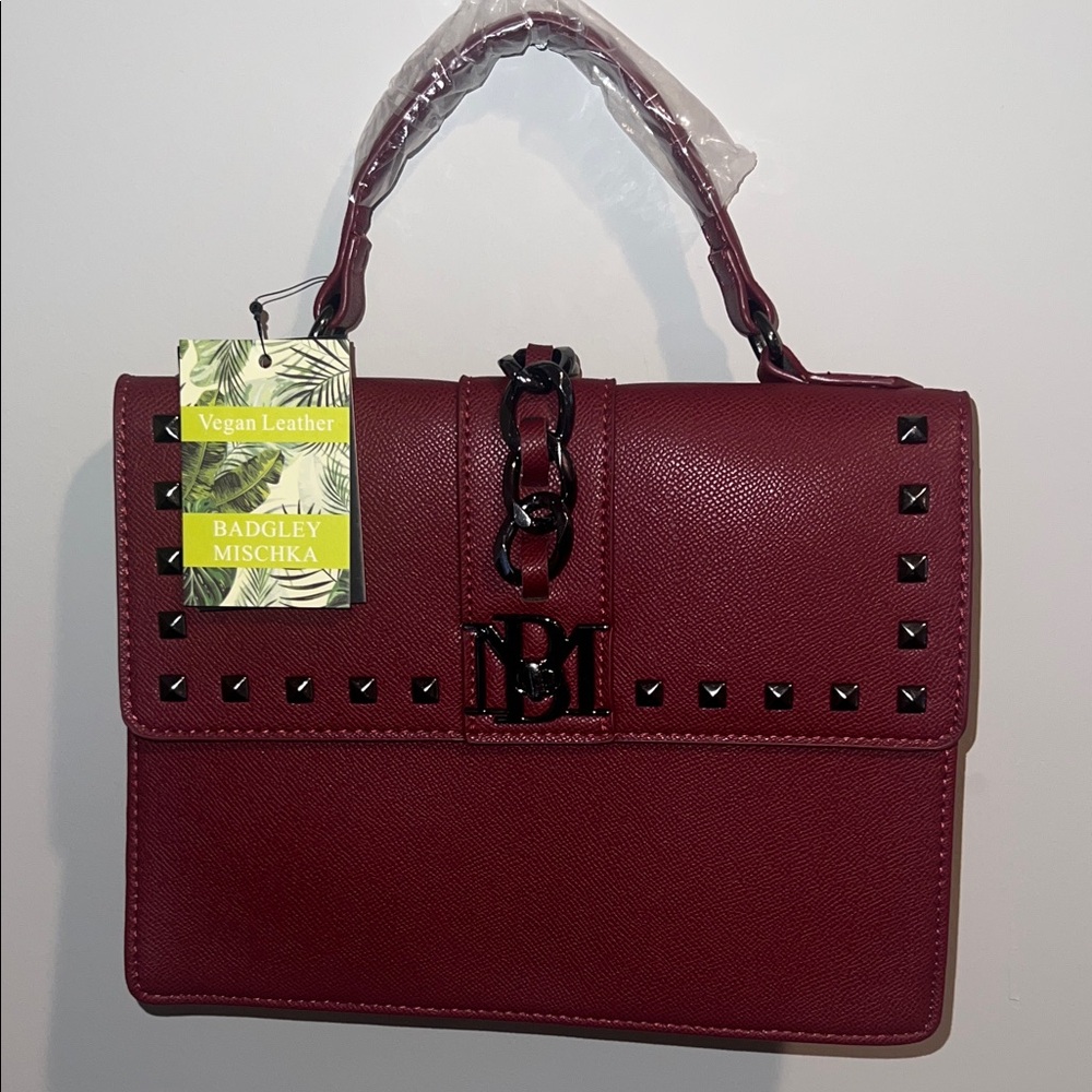 Badgley Mischka Dark Red Studded Satchel